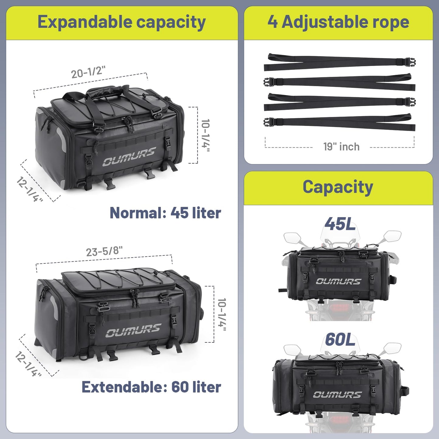 OUMURS Waterproof Motorcycle tail Bag With Rain Cover,45-60L Expandable Large Capacity