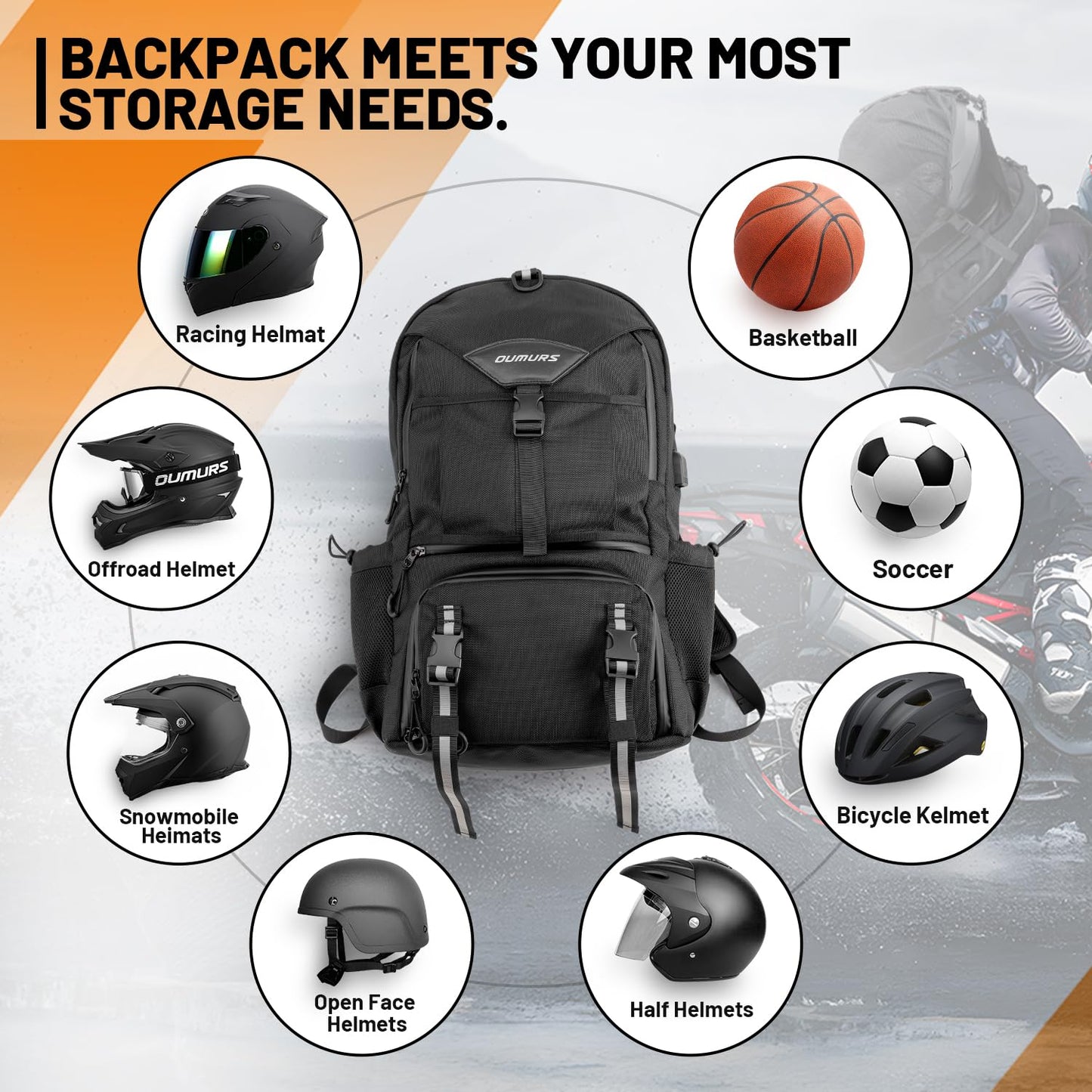 Oumurs Motorcycle Helmet Backpack 50L, Black Water-Resistant 1680D Oxford Fabric