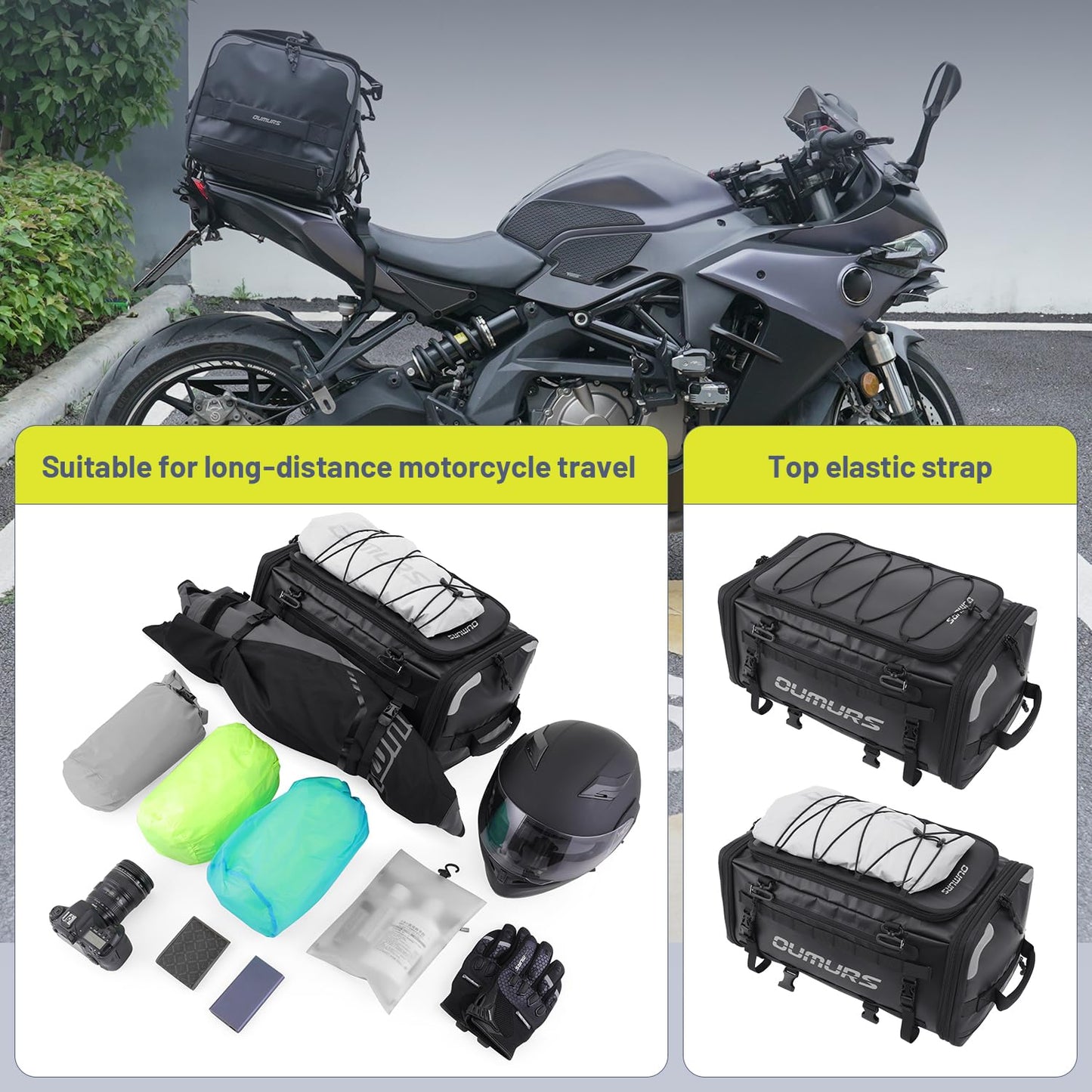 OUMURS Waterproof Motorcycle tail Bag With Rain Cover,45-60L Expandable Large Capacity
