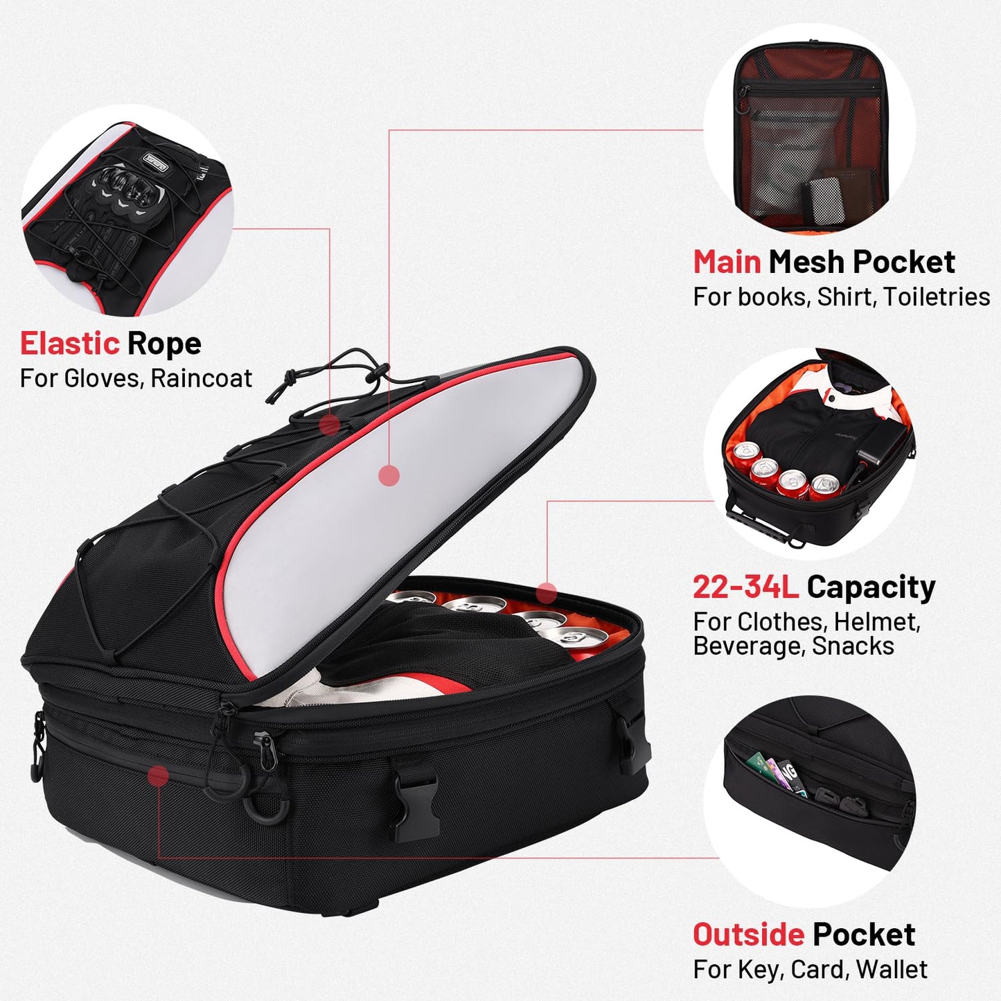 Oumurs 22L-34L Motorcycles Tail Bag,Reflective Backpack 1680D Oxford Motorcycle Bags Back Seat Luggage Bags