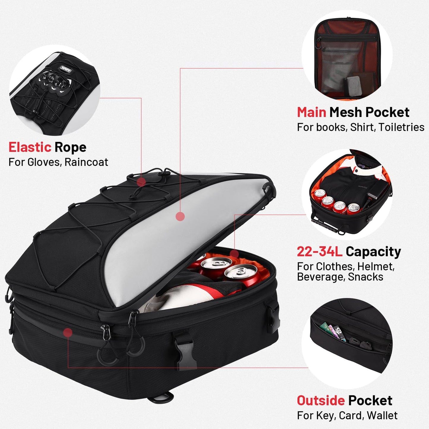 Oumurs 22L-34L Motorcycles Tail Bag,Reflective Backpack 600D RPET Fabric Motorcycle Bags Back Seat Luggage Bags