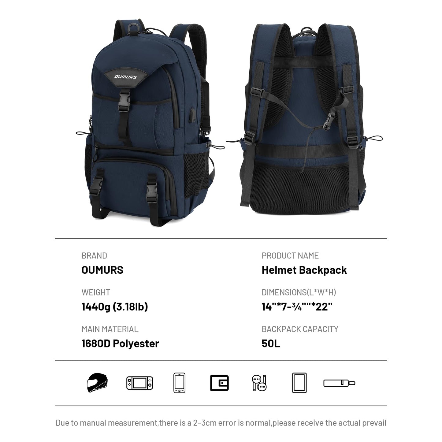 Oumurs Motorcycle Helmet Backpack 50L, Blue Water-resistant 1680D Oxford Fabric