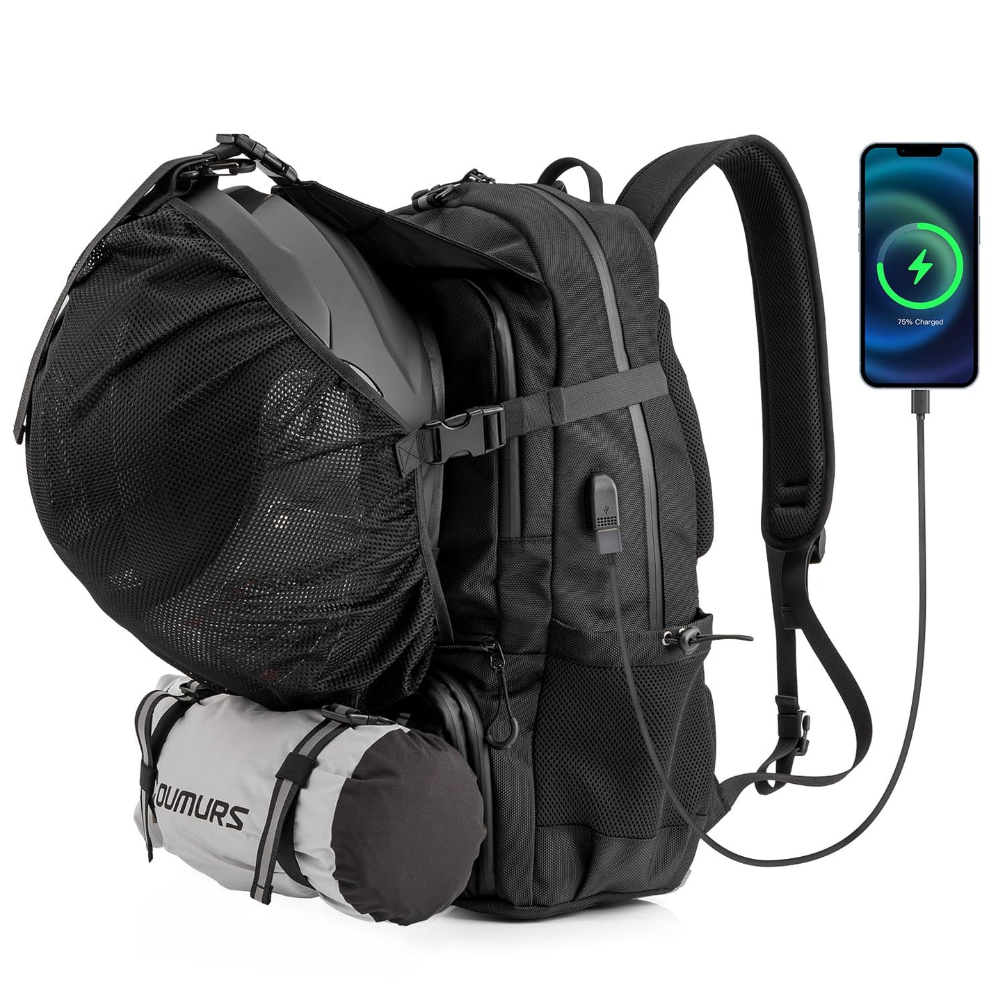 Oumurs Motorcycle Helmet Backpack 50L, Black Water-Resistant 1680D Oxford Fabric