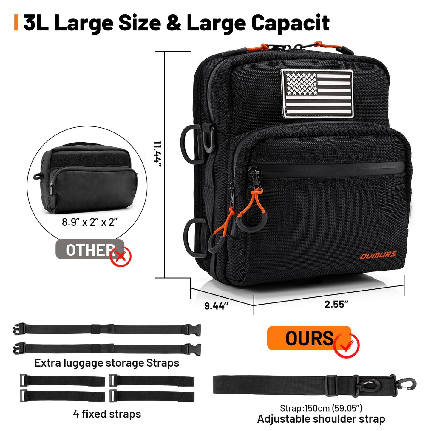 Oumurs Motorcycle Handlebar Bags,1680D Water-resistant Universal Bar bag American Flag Sissy Bar Bag