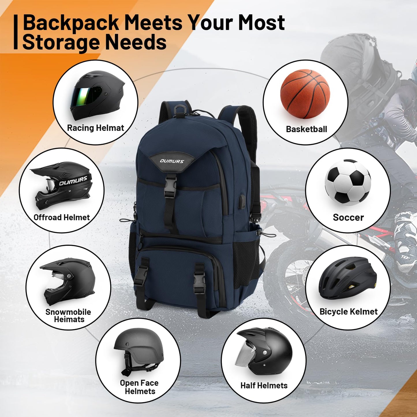 Oumurs Motorcycle Helmet Backpack 50L, Blue Water-resistant 1680D Oxford Fabric