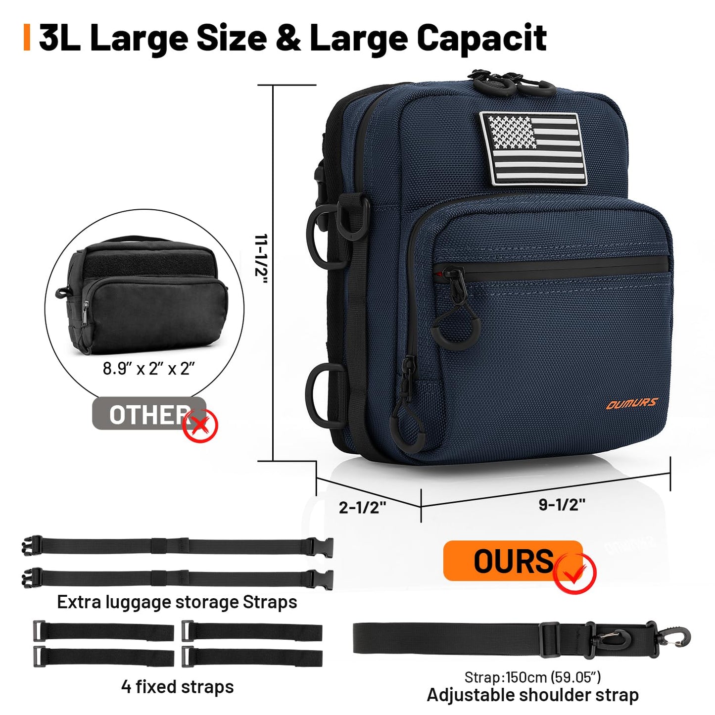 OUMURS Motorcycle Handlebar Bag,Universal Bar bag American Flag 1680D Water-resistant Sissy Bar Bag