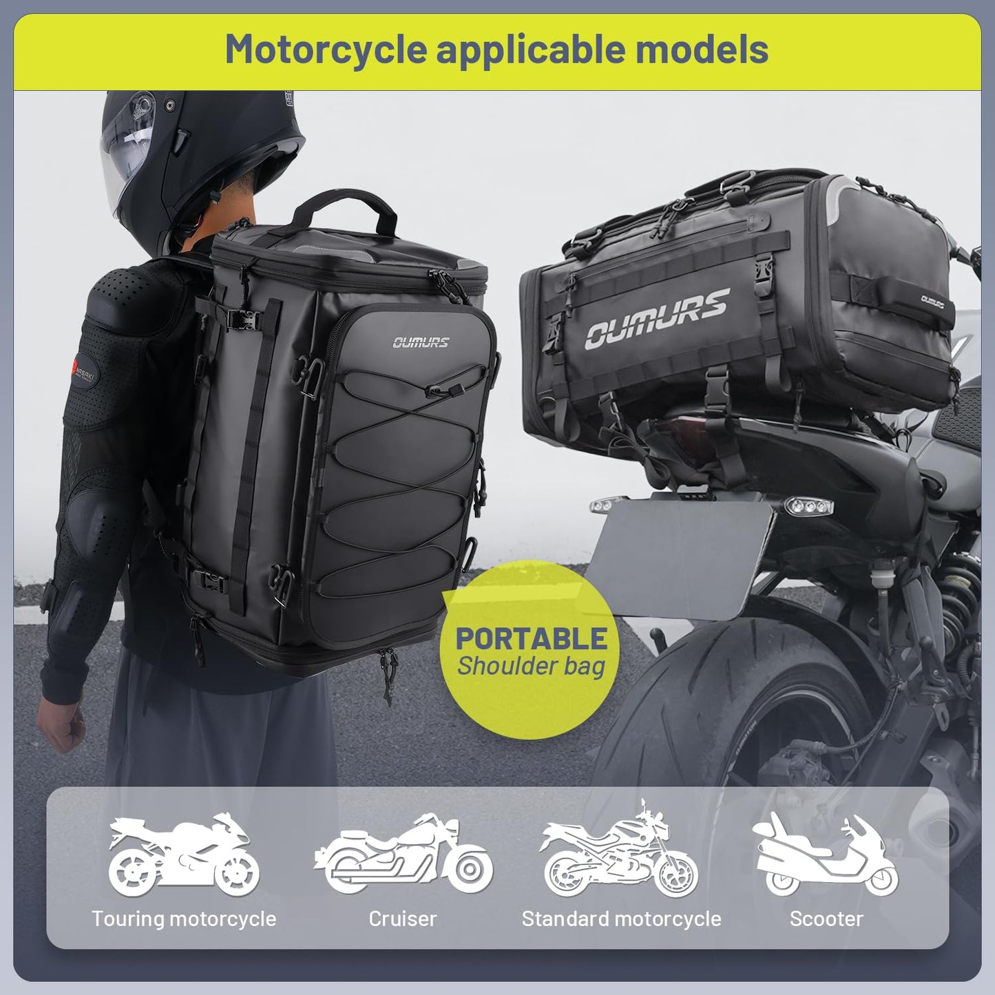 OUMURS Waterproof Motorcycle tail Bag With Rain Cover,45-60L Expandable Large Capacity