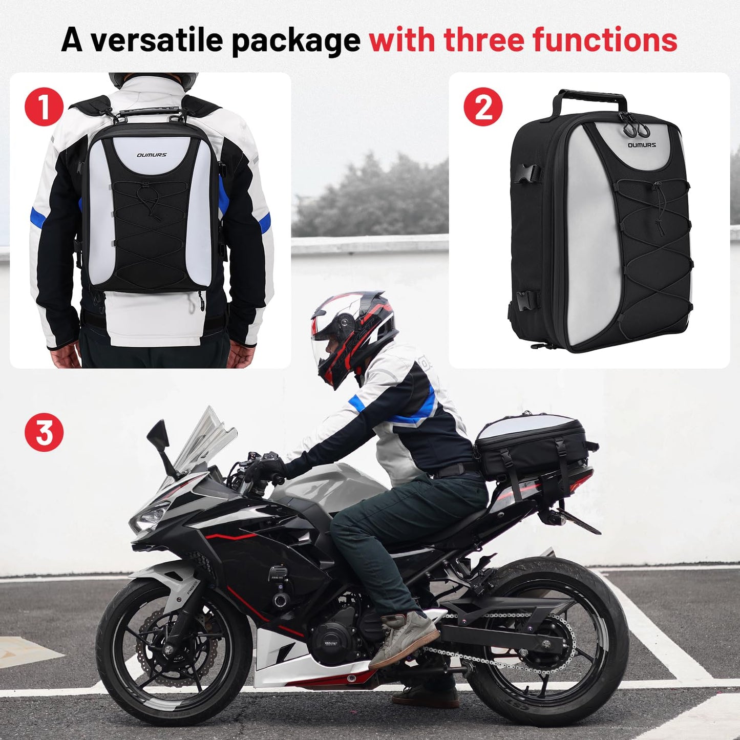 Oumurs 22L-34L Motorcycles Tail Bag,Reflective Backpack 600D RPET Fabric Motorcycle Bags Back Seat Luggage Bags