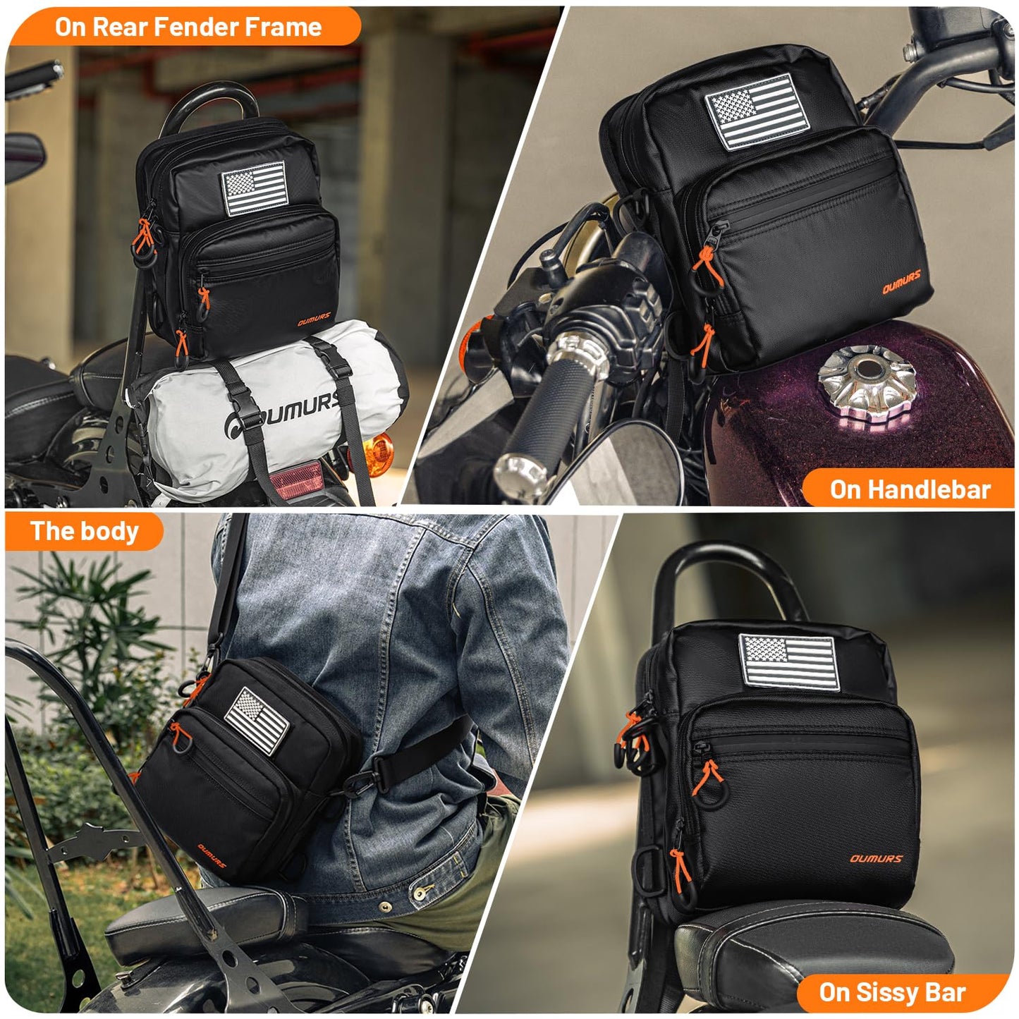 Oumurs Motorcycle Handlebar Bags,Water-resistant Universal Bar bag American Flag Sissy Bar Bag Front Fork Storage Accessory Bag, For Softail Dyna Sportsters Dirt Bike Scooter E-bike Bicycle