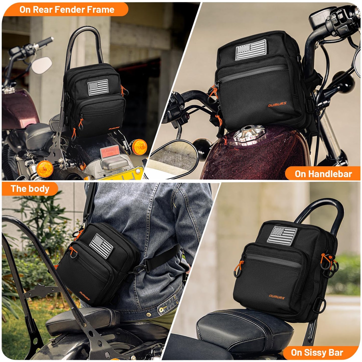 Oumurs Motorcycle Handlebar Bags,1680D Water-resistant Universal Bar bag American Flag Sissy Bar Bag