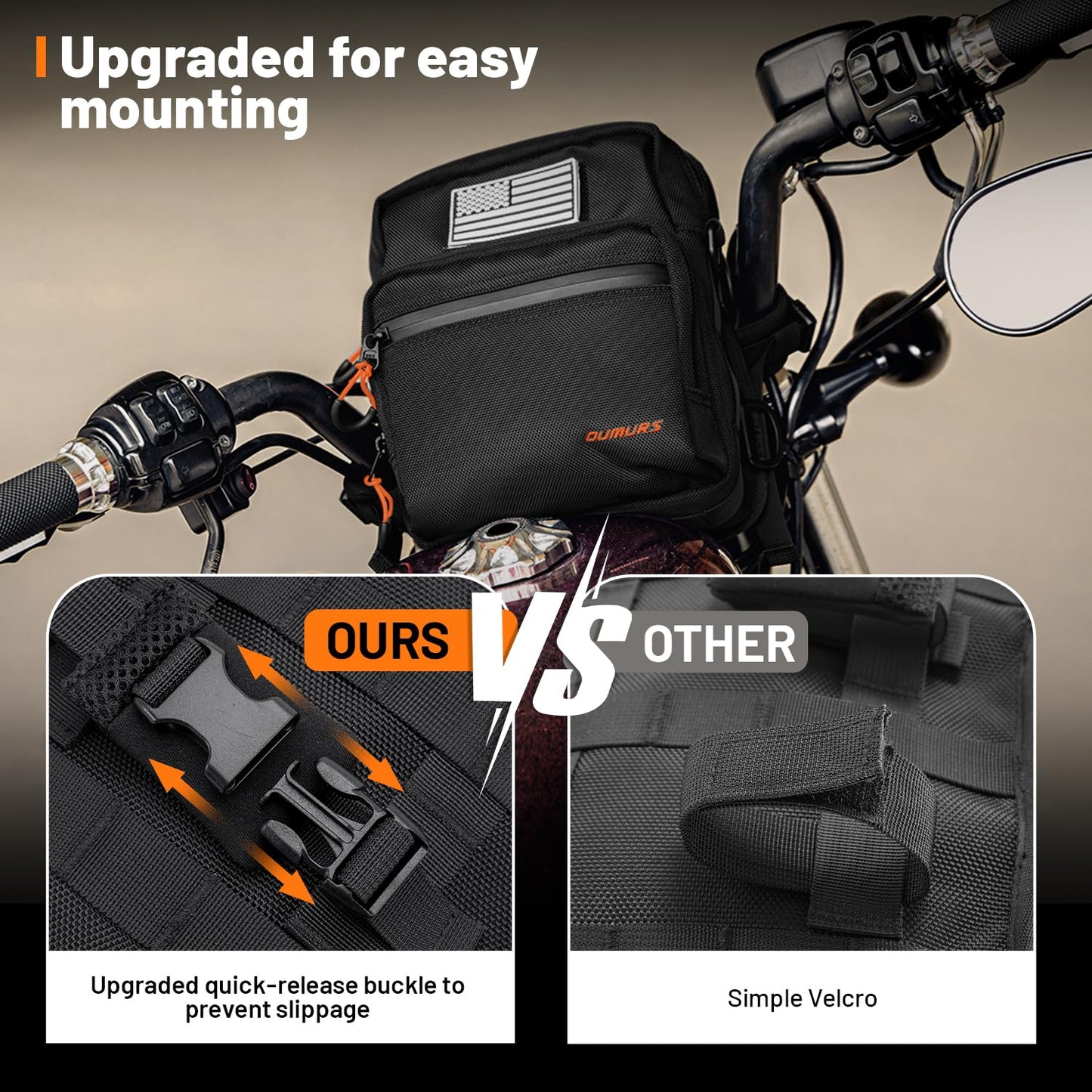 Oumurs Motorcycle Handlebar Bags,1680D Water-resistant Universal Bar bag American Flag Sissy Bar Bag