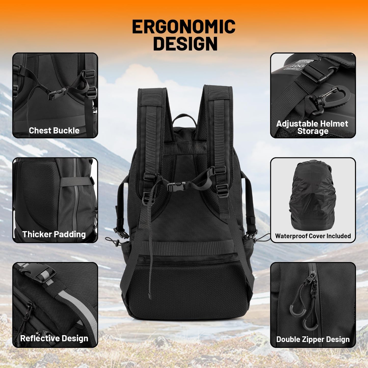 Oumurs Motorcycle Helmet Backpack 50L, Black Water-Resistant 1680D Oxford Fabric