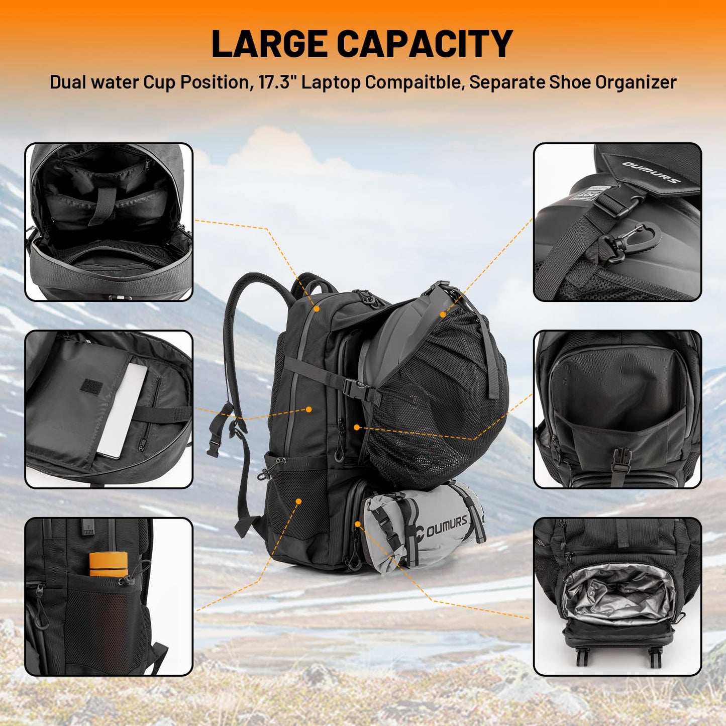 Oumurs Motorcycle Helmet Backpack 50L, Black Water-Resistant 1680D Oxford Fabric