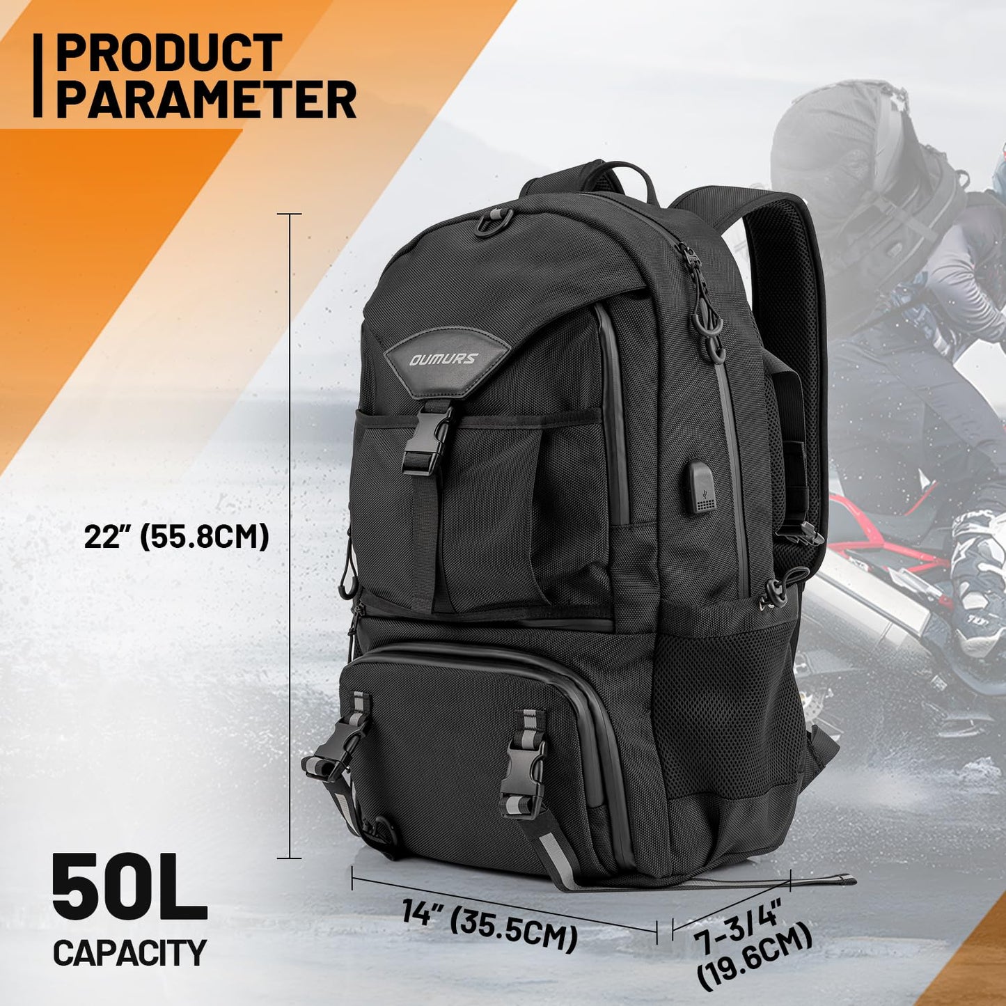 Oumurs Motorcycle Helmet Backpack 50L, Black Water-Resistant 1680D Oxford Fabric