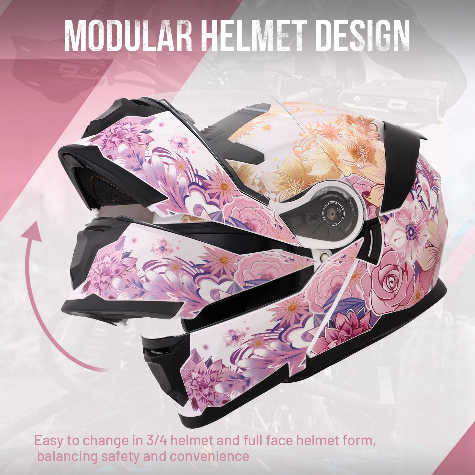 Modular Motorcycle Helmets Full Face Flower Sea Pink