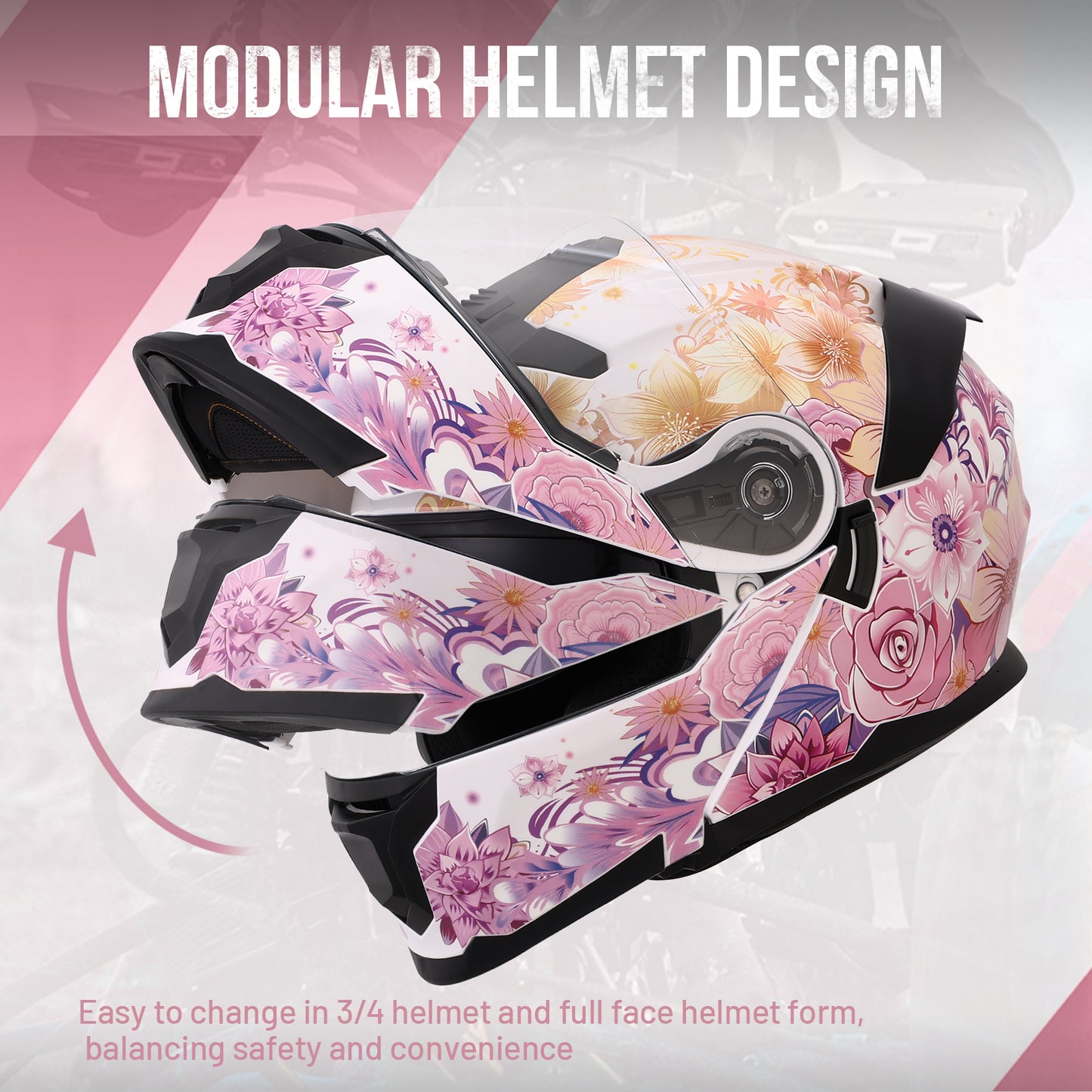 Modular Motorcycle Helmets Full Face Flower Sea Pink