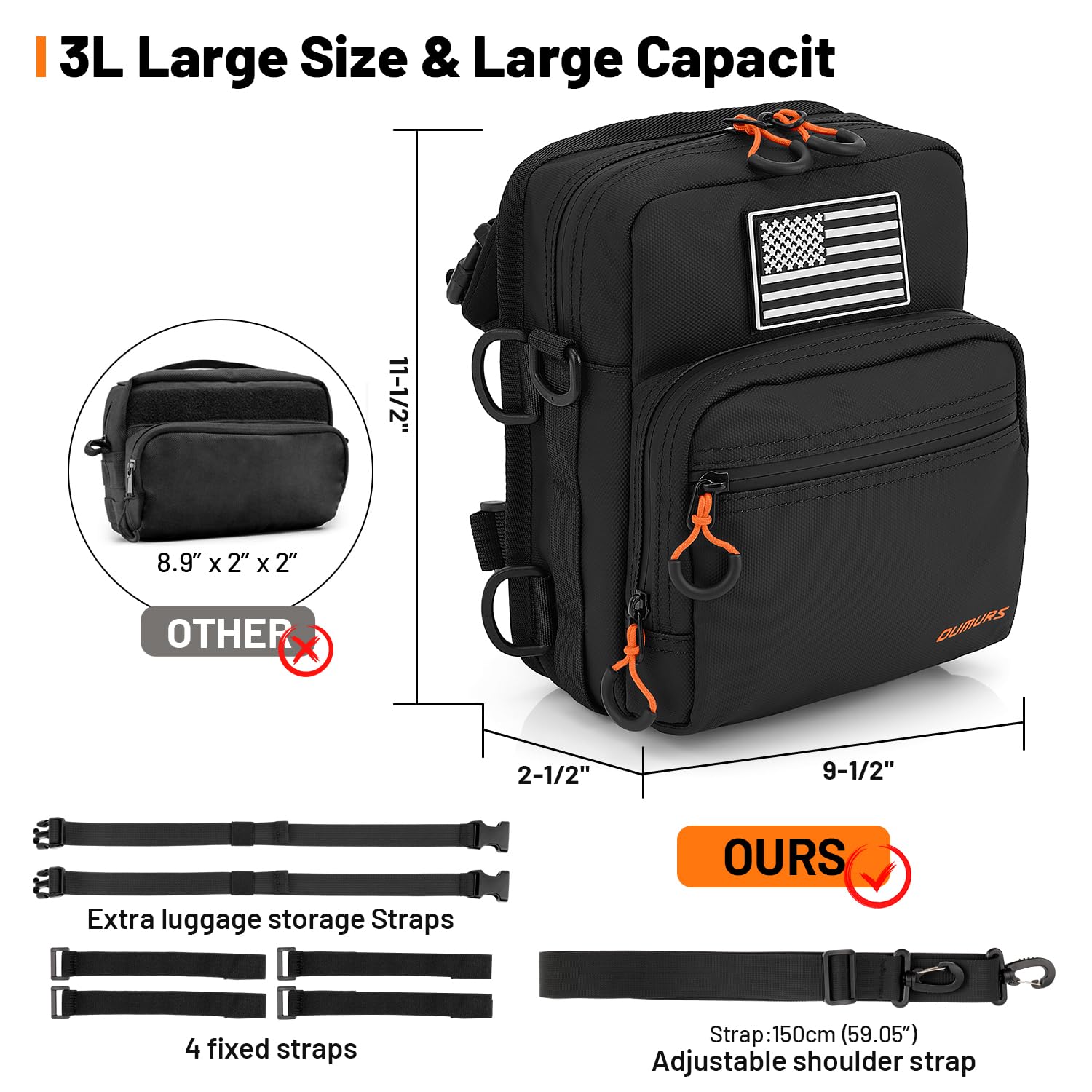 Oumurs Motorcycle Handlebar Bags,1800D Water-resistant Universal Bar bag American Flag Sissy Bar Bag