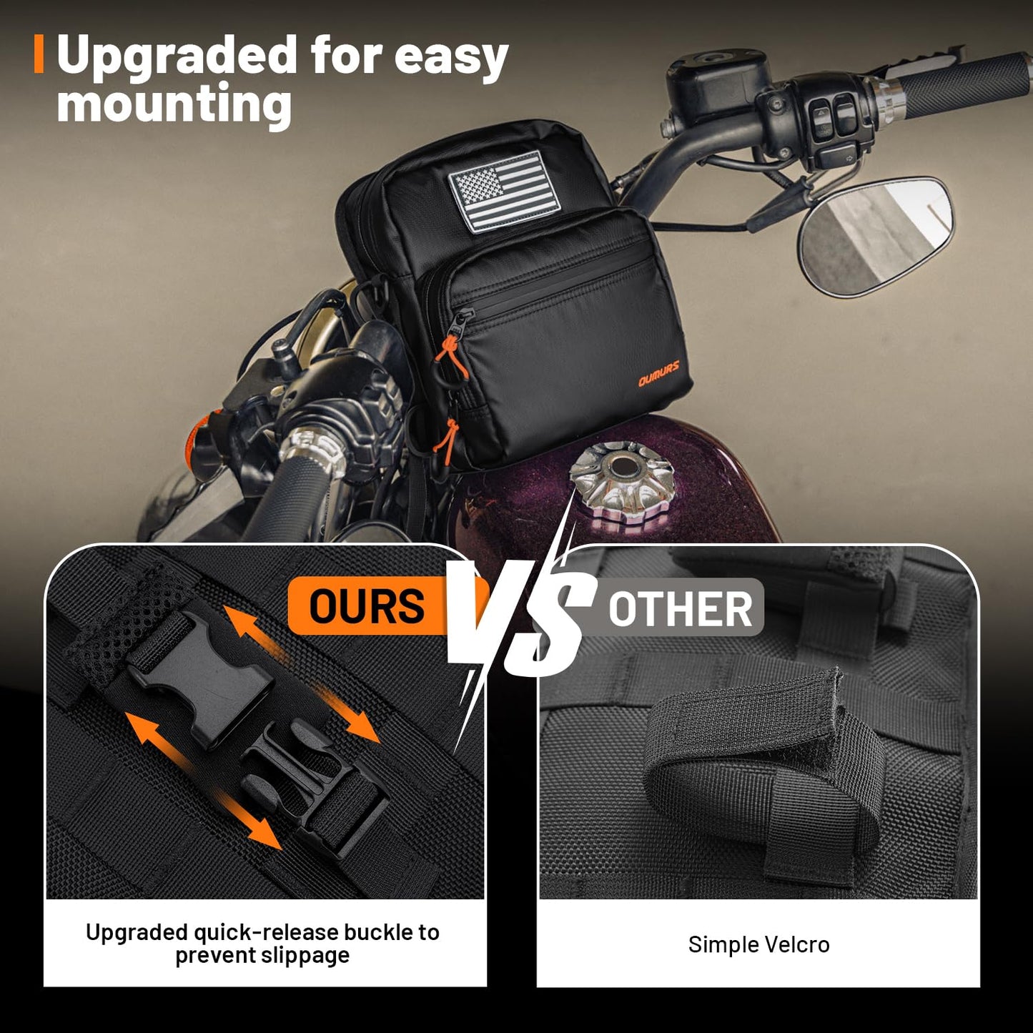 Oumurs Motorcycle Handlebar Bags,Water-resistant Universal Bar bag American Flag Sissy Bar Bag Front Fork Storage Accessory Bag, For Softail Dyna Sportsters Dirt Bike Scooter E-bike Bicycle