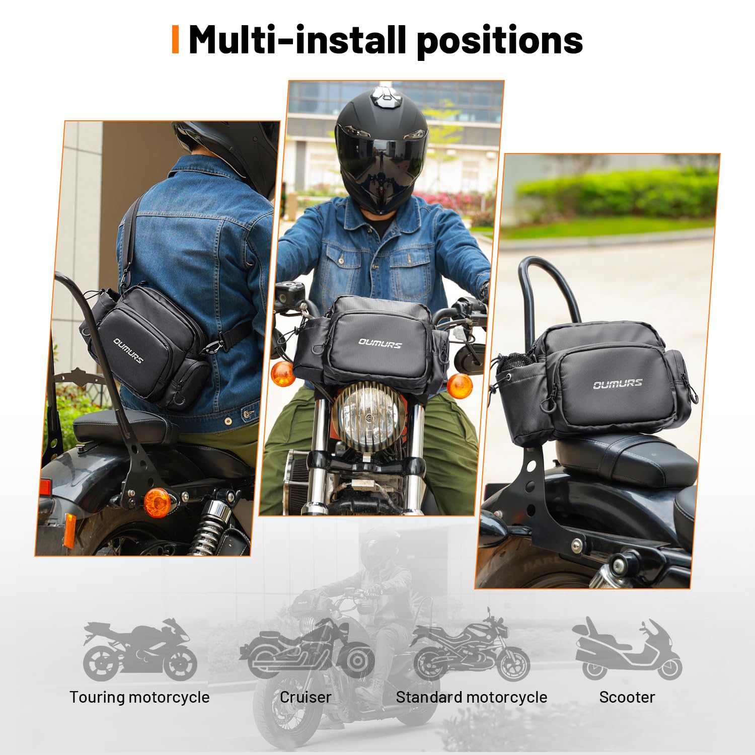 OUMURS Universal Motorcycle Handlebar Bag Water-resistant Sissy Bar Bag Reflective Bar Bag