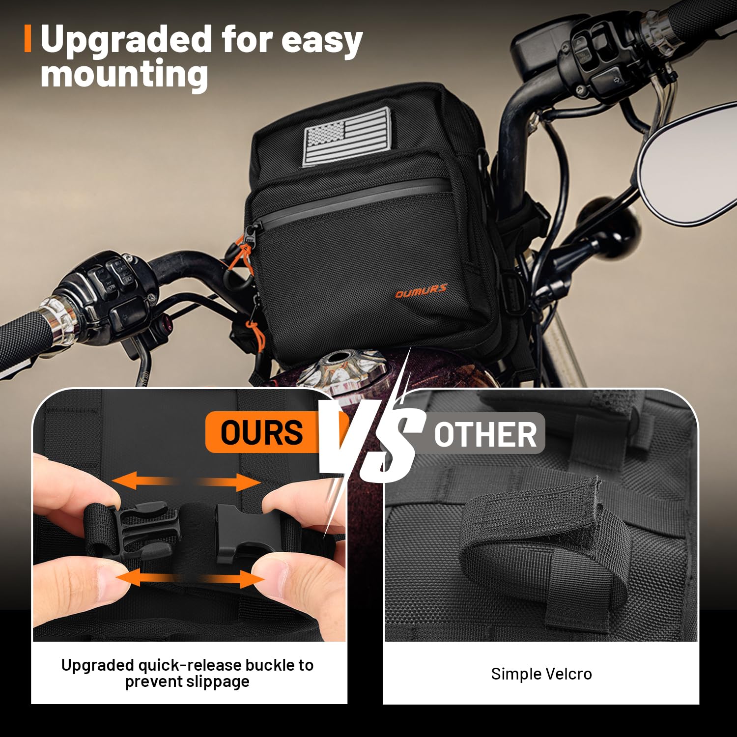 Oumurs Motorcycle Handlebar Bags,1800D Water-resistant Universal Bar bag American Flag Sissy Bar Bag