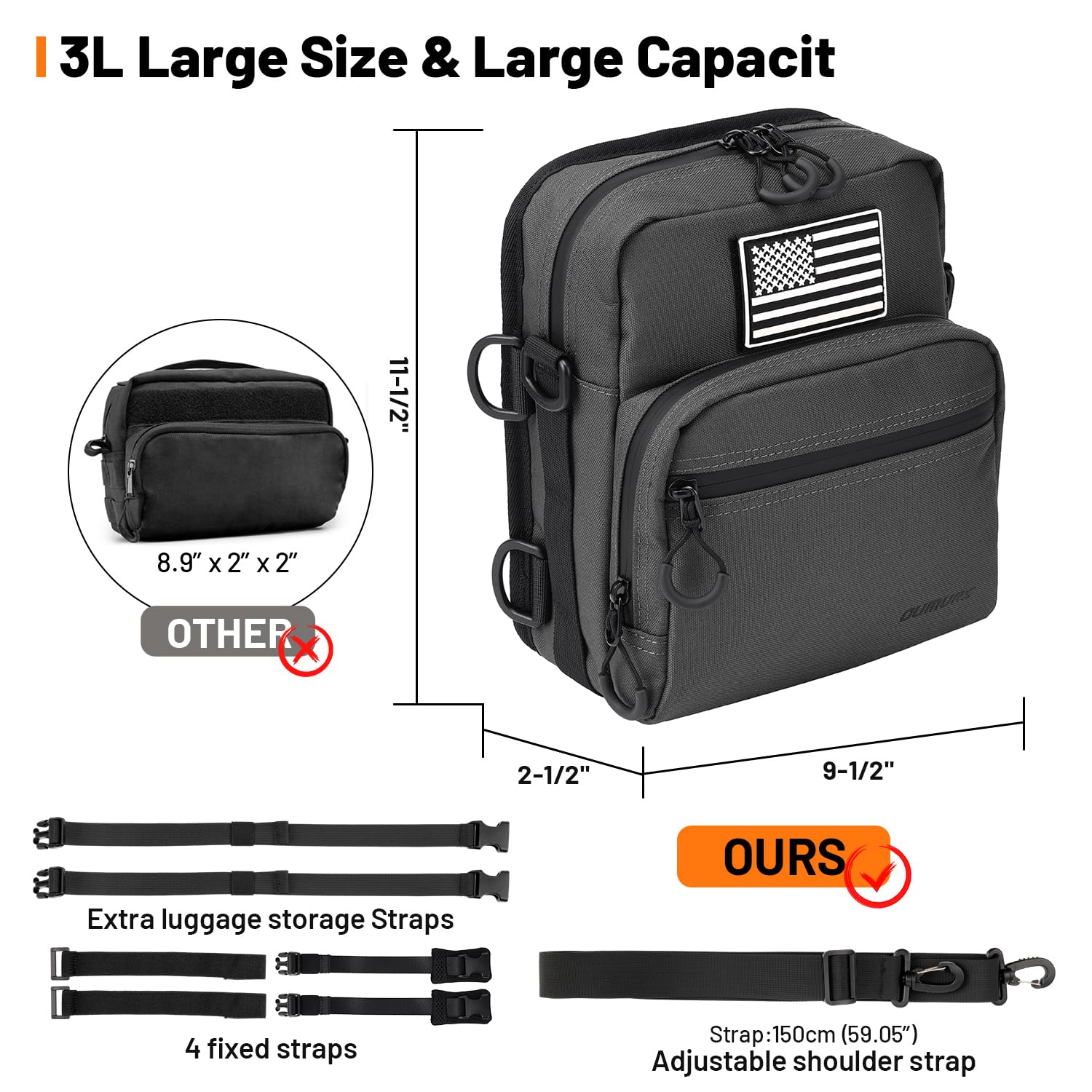 Oumurs Motorcycle Handlebar Bags,600D Nylon Water-resistant Universal Bar bag American Flag Sissy Bar Bag