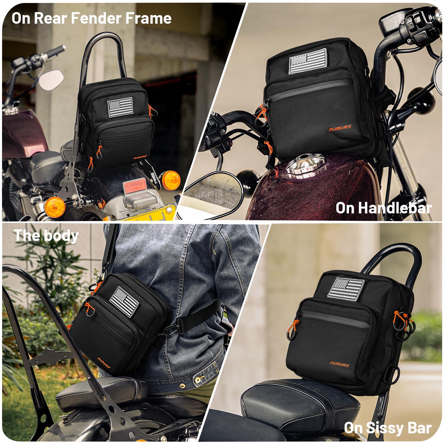Oumurs Motorcycle Handlebar Bags,1800D Water-resistant Universal Bar bag American Flag Sissy Bar Bag